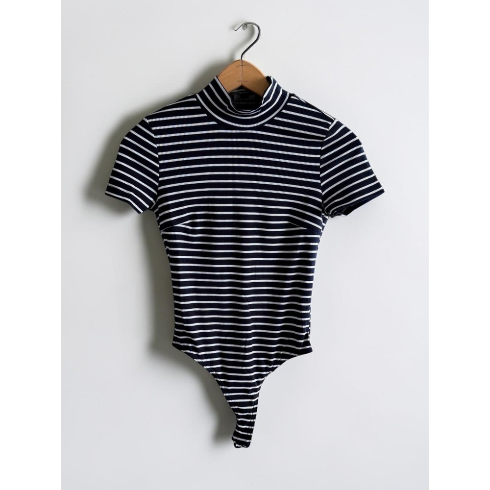 Audrey 3 Plus 1 Navy White Striped Mock Neck Bodysuit Short Sleeve Small